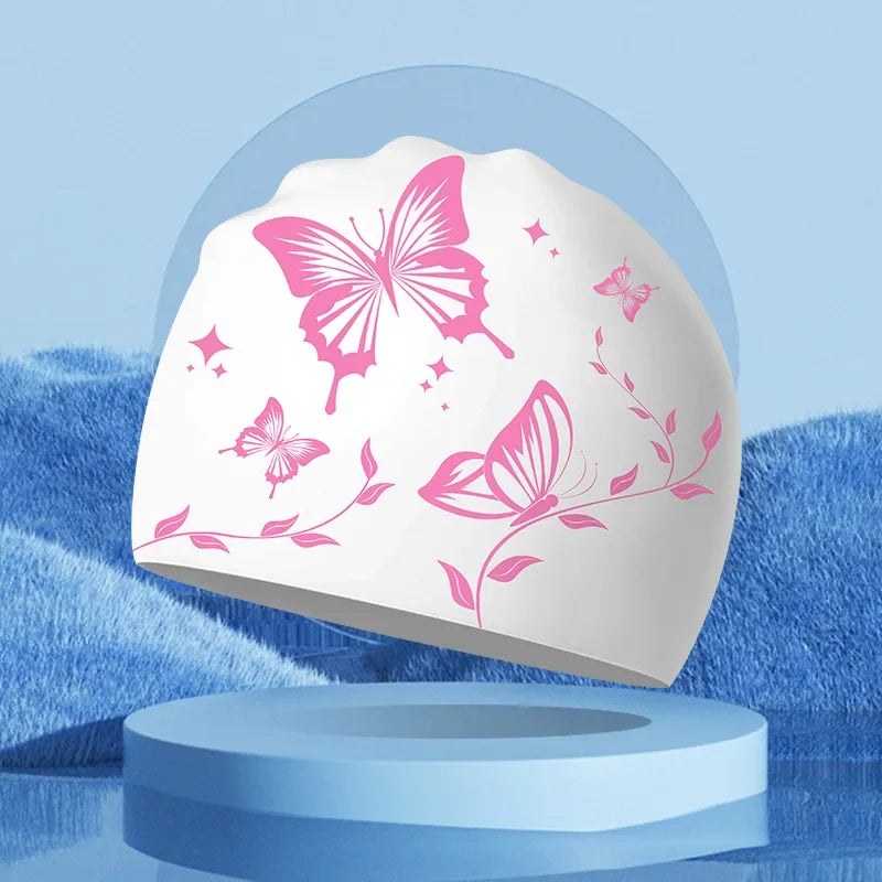 Wasserdichte Schwimmkappe mit Schmetterlingsmuster – Elastische Silikon Schwimmhaube für Langes Haar & Ohrenschutz | Unisex Erwachsene Kaufschwan® Weiß Einheitsgröße