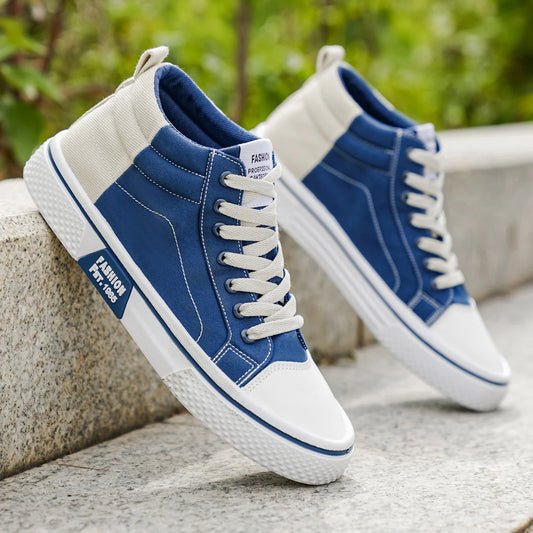 Herren Canvas Mid-Top Schuhe – Modische Leichte Sneaker | Bequeme Outdoor Wanderschuhe in Blau & Beige Kaufschwan®