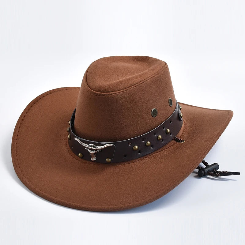 Künstlicher Wildleder Western Cowboy Hut – Vintage Großkrempe Gentleman & Cowgirl Jazz Hut, Feiertage, Party & Cosplay Kaufschwan® Braun 56-58cm