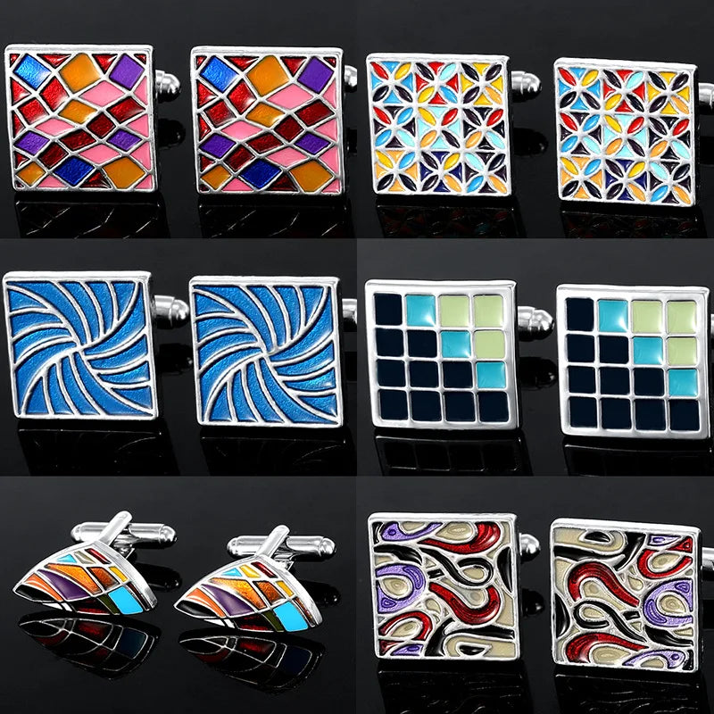 Herren Manschettenknöpfe – Buntes Emaille Quadrat Design | Modische Kariert Bemalte Metallknöpfe für Hemden & Anzüge Kaufschwan®