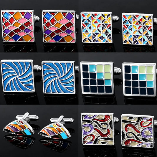 Herren Manschettenknöpfe – Buntes Emaille Quadrat Design | Modische Kariert Bemalte Metallknöpfe für Hemden & Anzüge Kaufschwan®