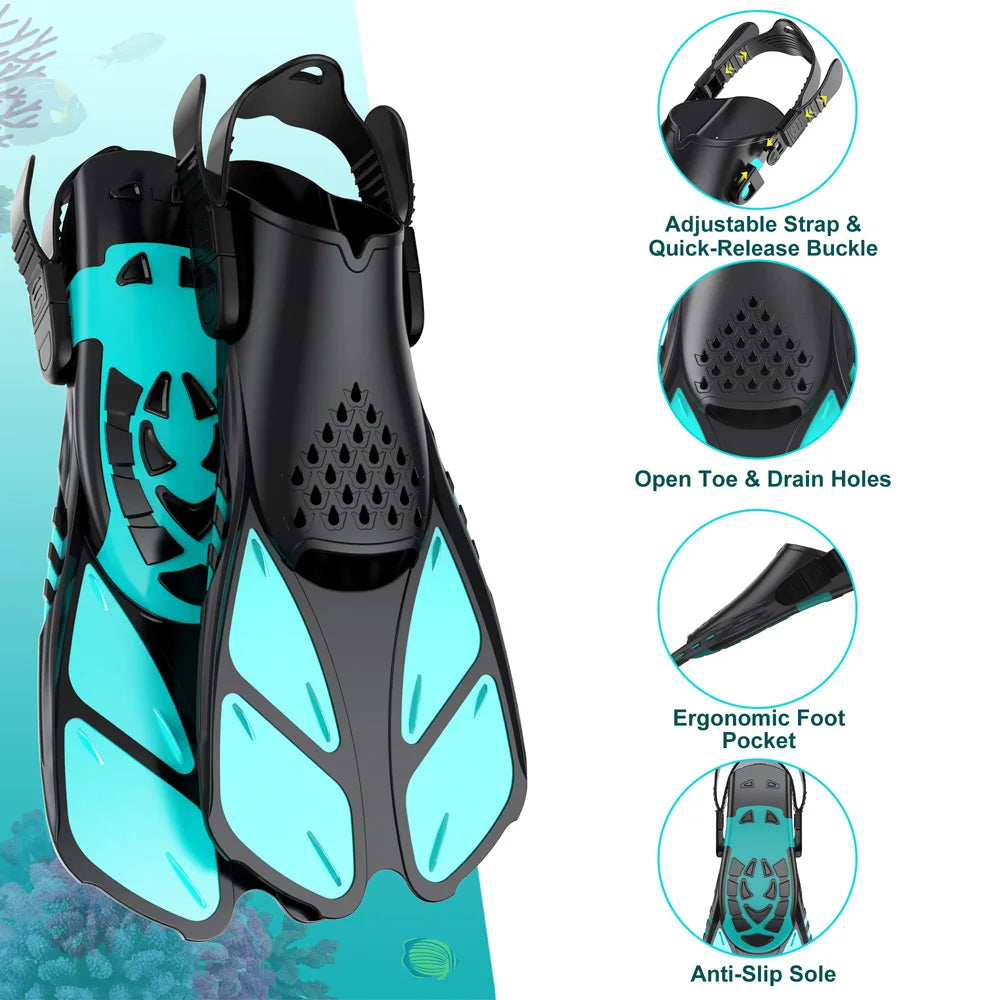 Schnorchelflossen mit verstellbaren Schnallen | Kurze Silikon Schwimmflossen | Offene Ferse Tauchschuhe für Erwachsene Herren & Damen Kaufschwan®