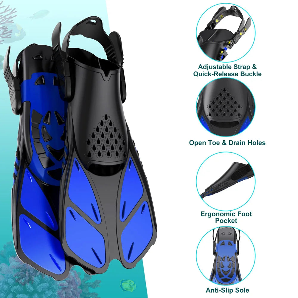 Schnorchelflossen mit verstellbaren Schnallen | Kurze Silikon Schwimmflossen | Offene Ferse Tauchschuhe für Erwachsene Herren & Damen Kaufschwan®