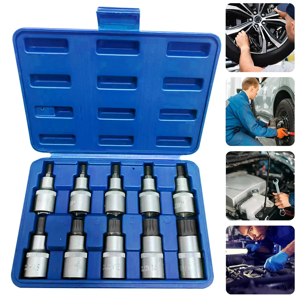 10-teiliges 1/2" Antrieb Multi-Zahn Steckschlüssel Set M4-M18 Innensechskant Ratschen Kit