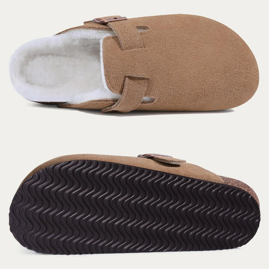 Klassische Winter-Pantoffeln | Unisex Fell-Suede Clogs | Kuschelige Hausschuhe mit Verstellbarer Schnalle & Kork-Fußbett Kaufschwan®