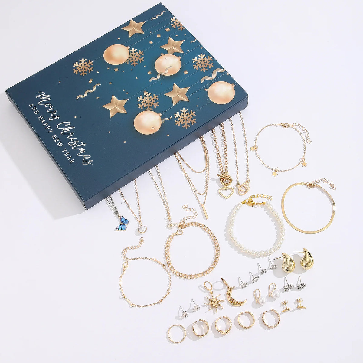 Goldfarbener Schmuck-Adventskalender – 24-Tage-Weihnachtskalender mit Halsketten, Armbändern & Ohrringen