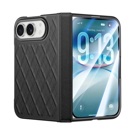 Luxuriöse Magnetische Klapphülle aus PU-Leder für iPhone Duo – Matte MagSafe-Kompatible Schutzhülle mit Scharnierschutz und Schutzfolie Kaufschwan® Schwarz iPhone Duo
