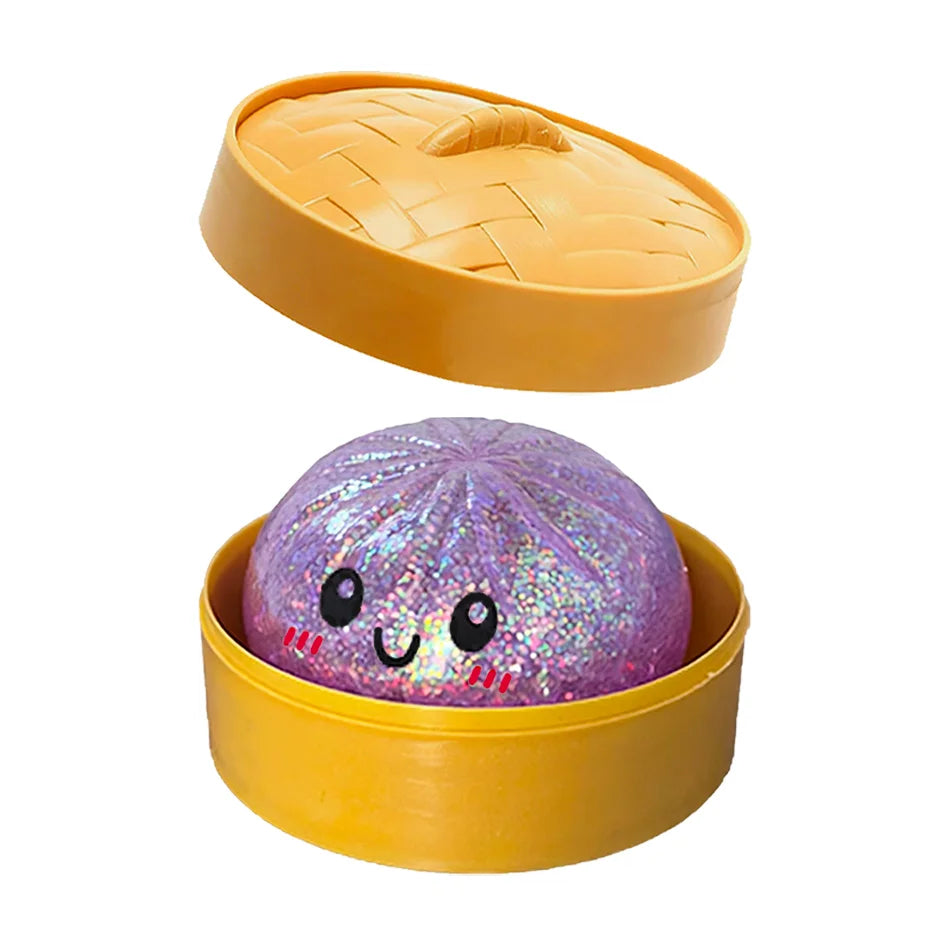Bunte Glitzer-Dumpling-Squishies in 6 Designs mit Box – Weiches Sensorik-, Knautsch- & Fidget-Spielzeug zum Stressabbau und Sammeln Kaufschwan® Lila