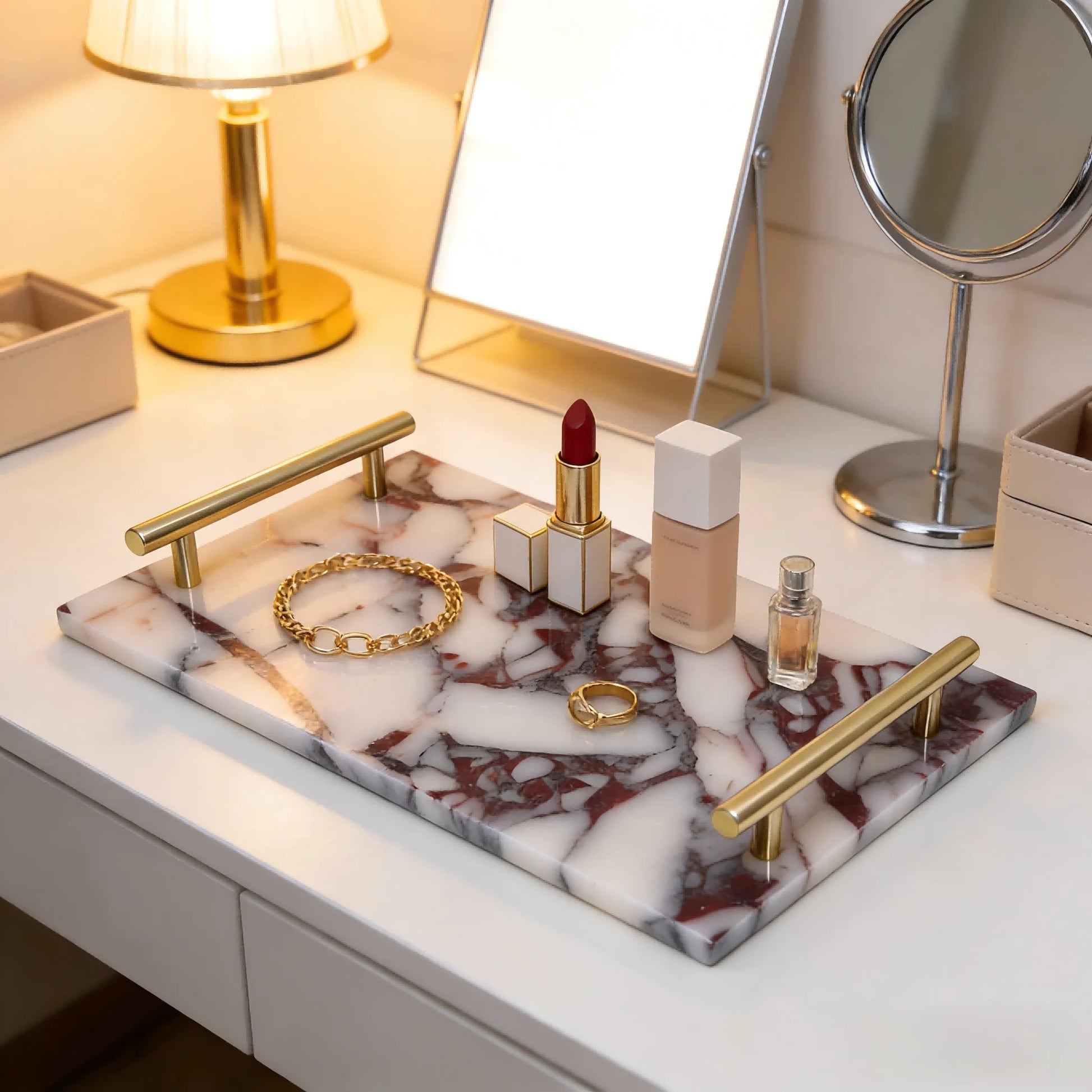 Marmor Badezimmer-Tablett – Eleganter Naturstein Organizer für Waschtisch, Handtücher, Schmuck & Dekoration Kaufschwan®