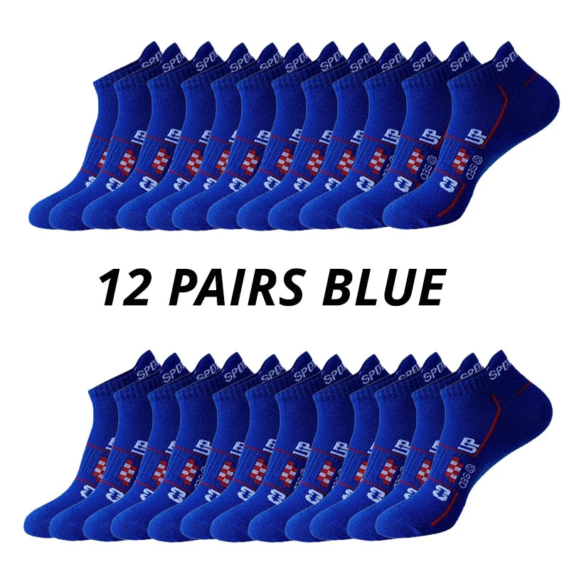 6/12 Paare Herren Sportsocken Mesh Laufsocken | Atmungsaktiv Feuchtigkeitsableitend Kurzsocken mit Öhrchen | Ganzjahres Partner-Socken Kaufschwan® 12 Paare Blau Einheitsgröße