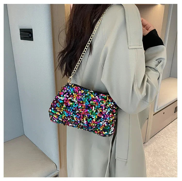 Pailletten Crossbody Kettentasche – Einfarbige Schultertasche, Underarm Bag & Abend Clutch Handtasche für Damen Kaufschwan®
