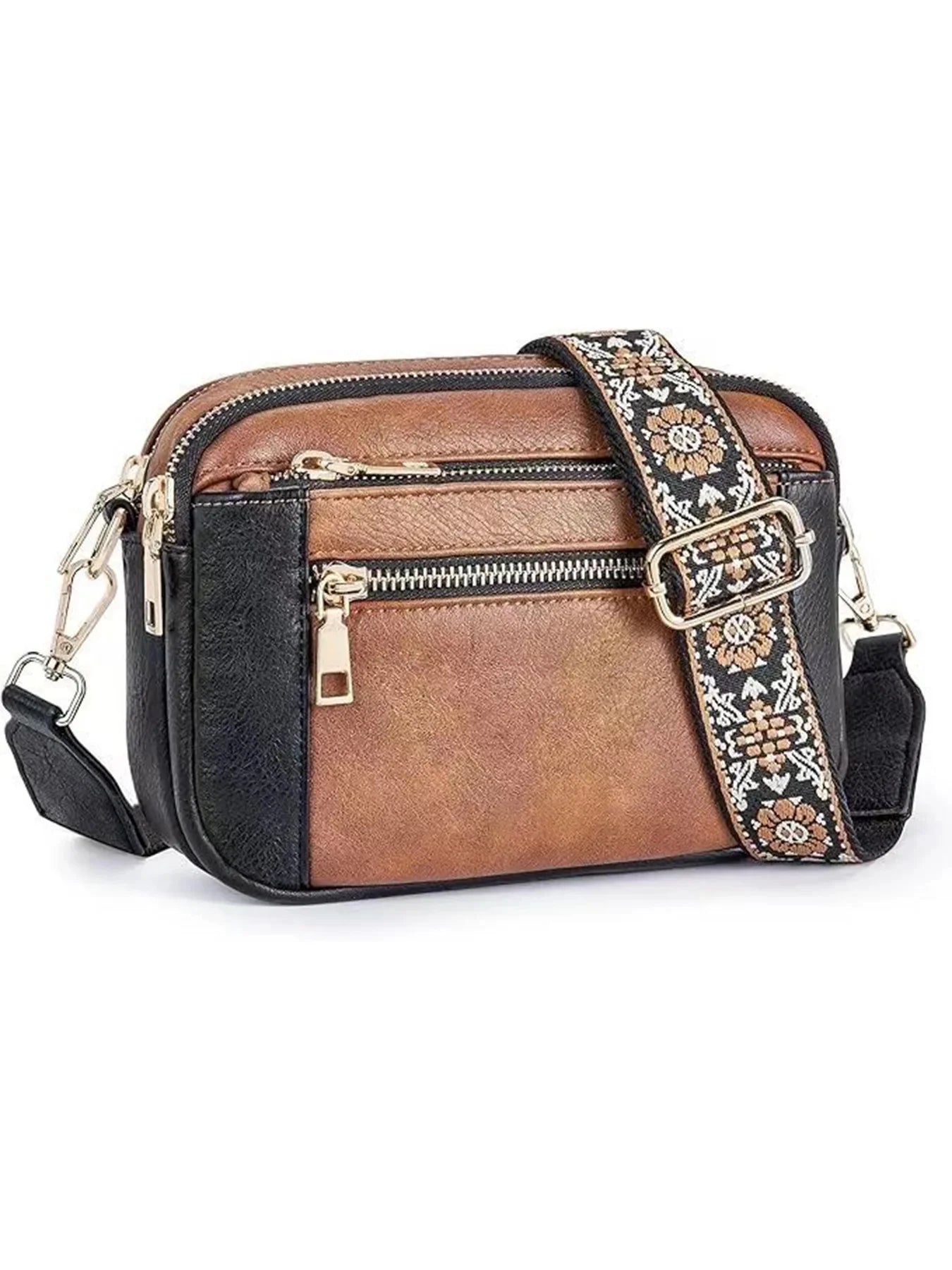 Multifunktionale Color Block Crossbody Tasche – Damen PU Leder Schultertasche & Geldbörse mit Verstellbarem Riemen Kaufschwan® Schwarz Braun