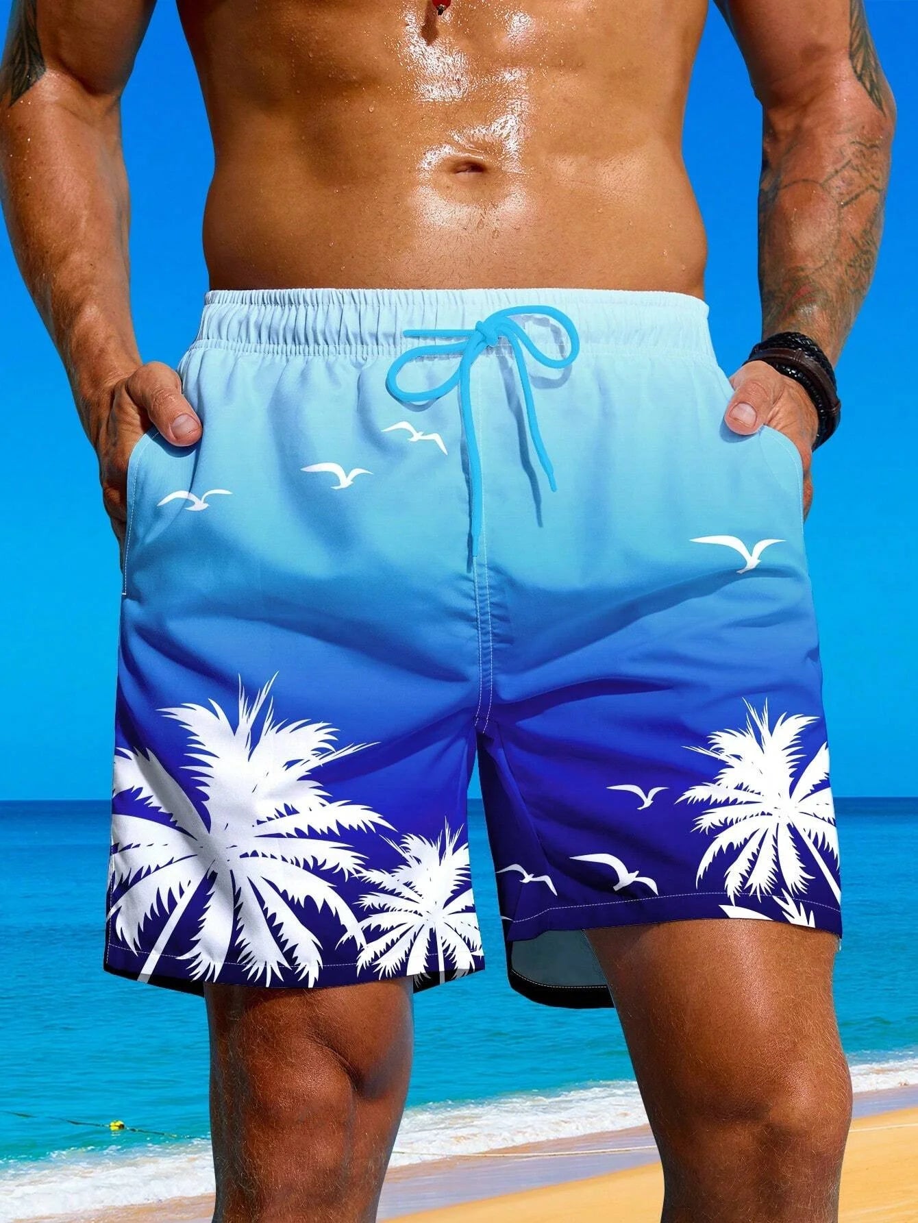 Herren Badeshorts mit Palmenmuster – Sommer Boardshorts mit Kordelzug | 3D Druck Atmungsaktive Strandshorts Streetwear
