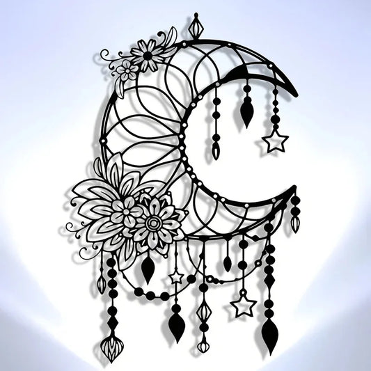 Elegantes Gothisches Mond & Blumen Metall Wandbild – Modernes Hängedekor