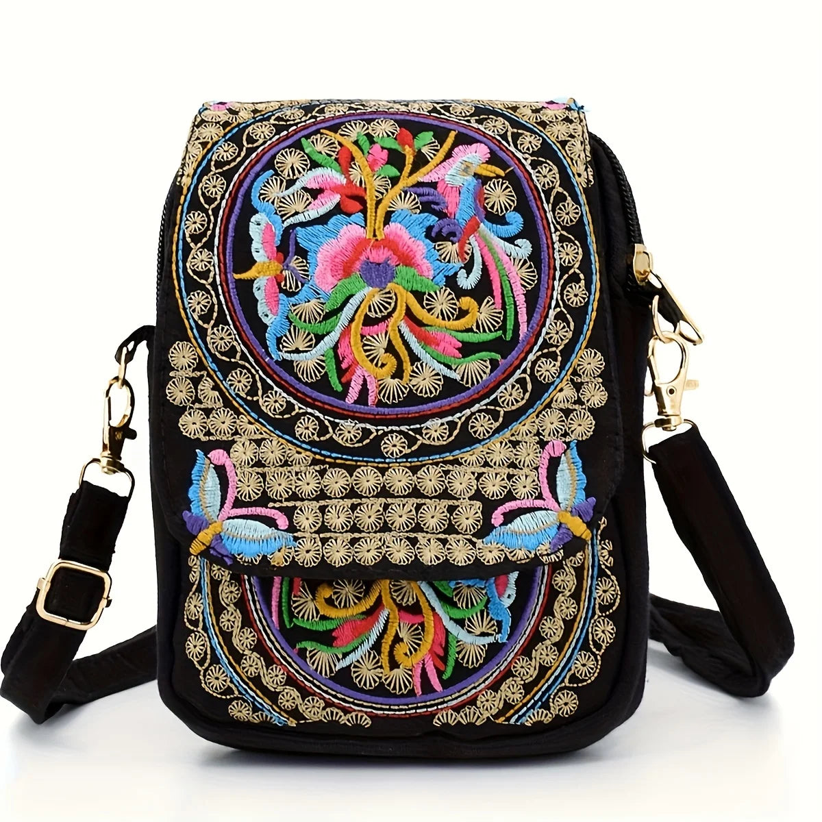 Umhängetasche mit Stickerei – Exquisite Schultertasche mit Klappverschluss für Damen | Handy- & Kleingeldtasche Kaufschwan® Schwarz