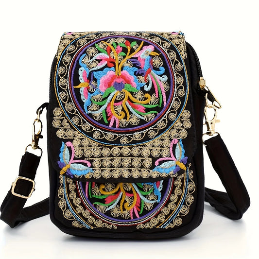 Umhängetasche mit Stickerei – Exquisite Schultertasche mit Klappverschluss für Damen | Handy- & Kleingeldtasche Kaufschwan® Schwarz