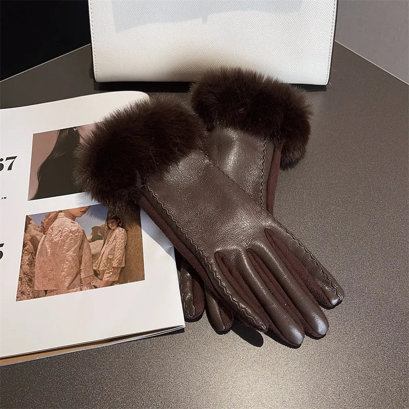 pelz handschuhe damen Luxus PU Lederhandschuhe für Damen – Warme Winterhandschuhe mit Kunstf – Kaufschwan®