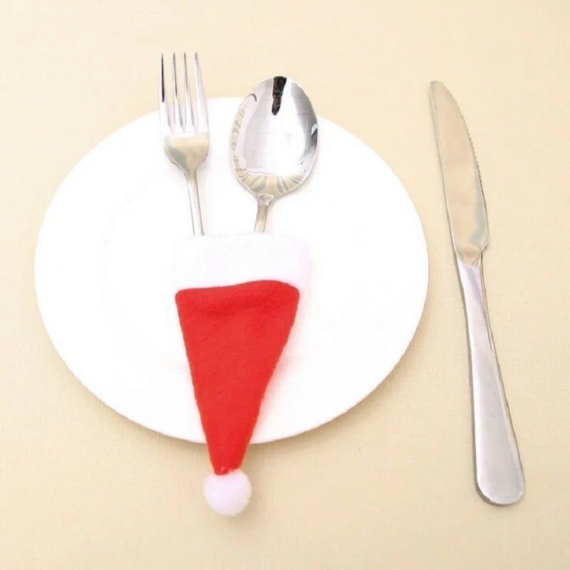 Weihnachten Bestecktasche – Merry Christmas Tischdeko | Weihnachtsmütze Besteckhalter für Gabel, Messer & Löffel