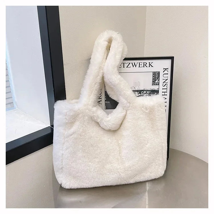 Herbst Winter Plüsch Tote Bag – Damen Modische Schultertasche | Vielseitige Ins Style Handtasche mit Laptopfach Kaufschwan® Weiß 35x10x55cm