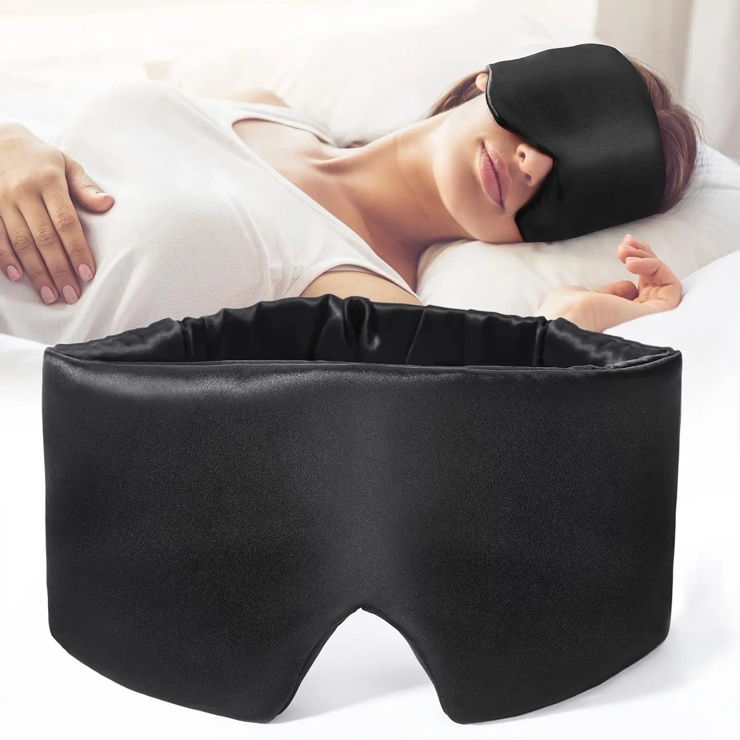 Seidenschlafmaske | Weiche Druckfreie Schlafmaske | 100 % Maulbeerseide Augenabdeckung | Anti-Falten & Verstellbarer Breiter Klettverschluss Kaufschwan® Schwarz