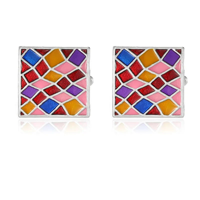 Herren Manschettenknöpfe – Buntes Emaille Quadrat Design | Modische Kariert Bemalte Metallknöpfe für Hemden & Anzüge Kaufschwan®
