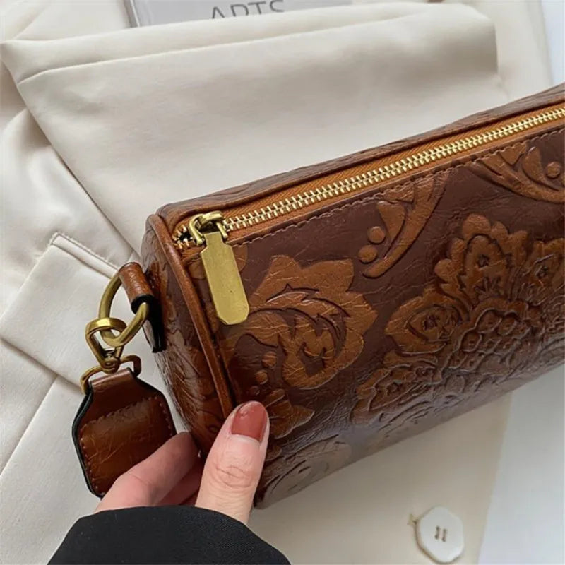 Retro Bestickte Blumen Leder Schultertasche – Klassische Zylinder Crossbody Handtasche für Damen | Alltag, Arbeit & Party Kaufschwan®
