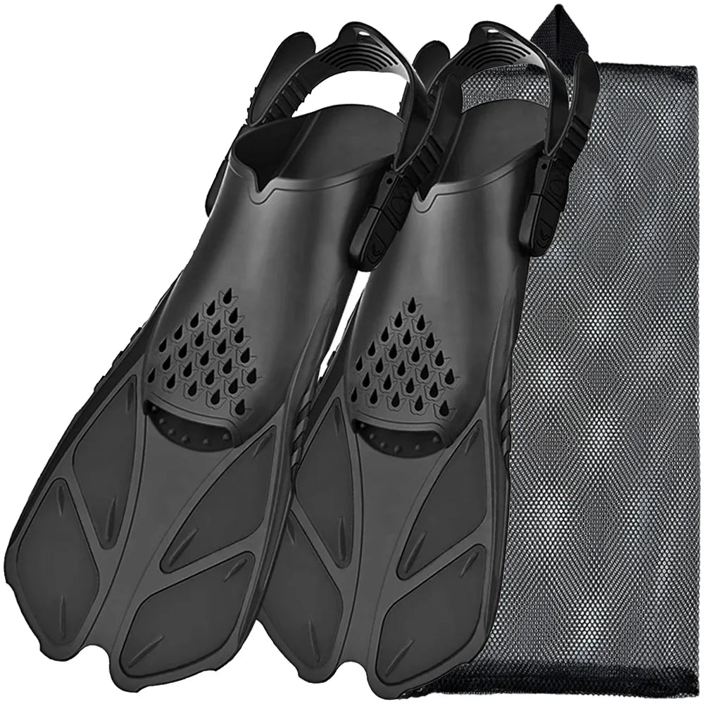 Schnorchelflossen mit verstellbaren Schnallen | Kurze Silikon Schwimmflossen | Offene Ferse Tauchschuhe für Erwachsene Herren & Damen Kaufschwan® Schwarz S/M