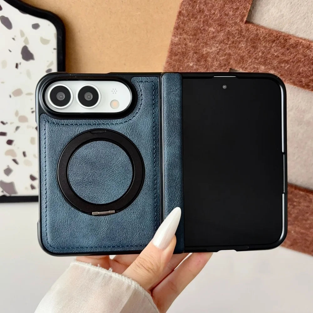 Luxuriöse Retro-Schutzhülle in Lederoptik für iPhone Duo 18 Fold und 18 Duo – Magnetische MagSafe-Kompatible Hülle mit Drehbarem Ständer und Stoßschutz Kaufschwan® Blau iPhone Duo