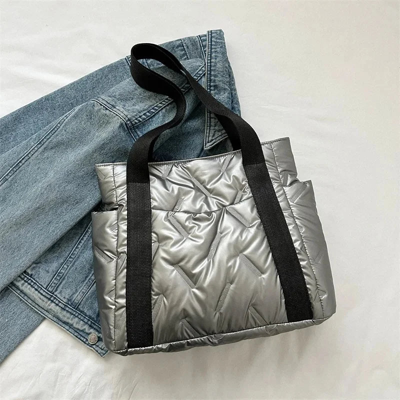Damen Tote Bag Herbst – Große Kapazität Koreanische Mode Canvas Handtasche | Minimalistische Quadratische Schultertasche Kaufschwan® Silber