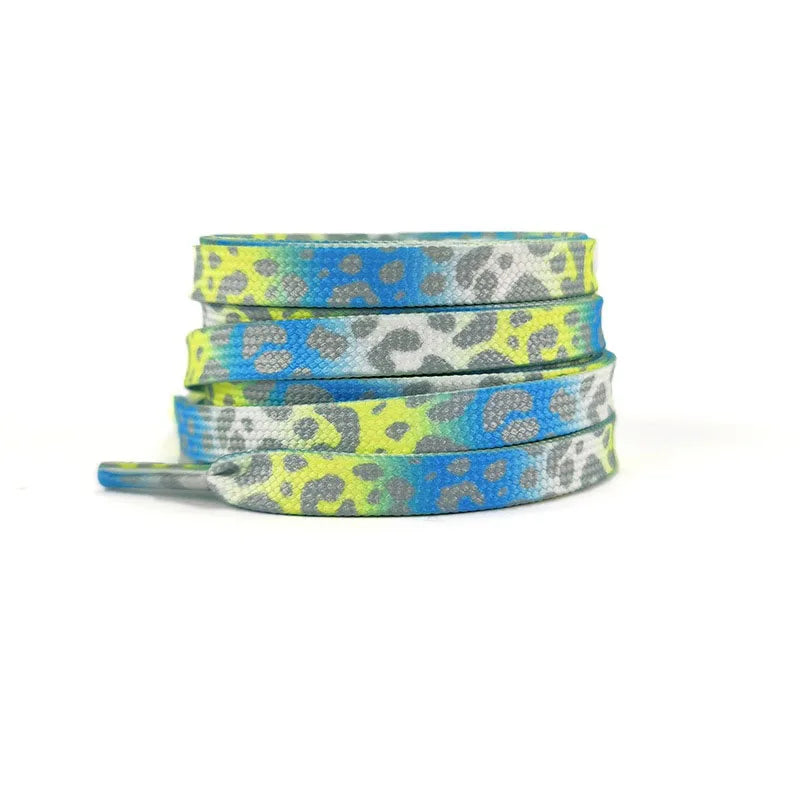 Flache Modische Schnürsenkel – Leopardenmuster & Tie-Dye Farbverlauf | Stilvolle Laces für AF1, AJ1 & Leinensneaker Damen & Herren Kaufschwan® Blau Gelb 140cm