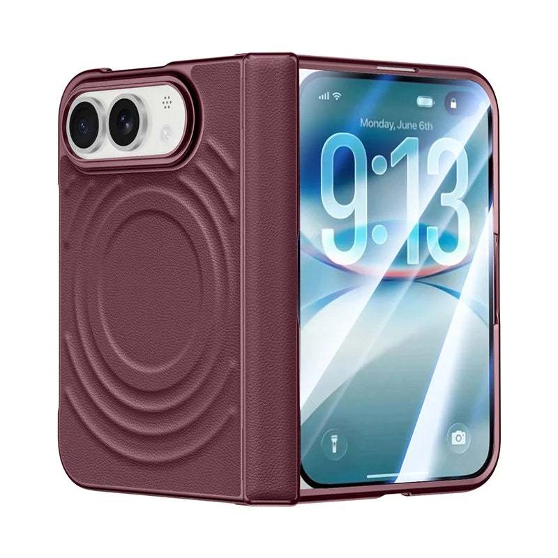 Luxuriöse Magnetische Lederhülle für iPhone Duo – MagSafe-Kompatible Schutzhülle mit Kabellosem Laden, Schutzfolie, Scharnier- und Stoßschutz Kaufschwan® Weinrot iPhone Duo