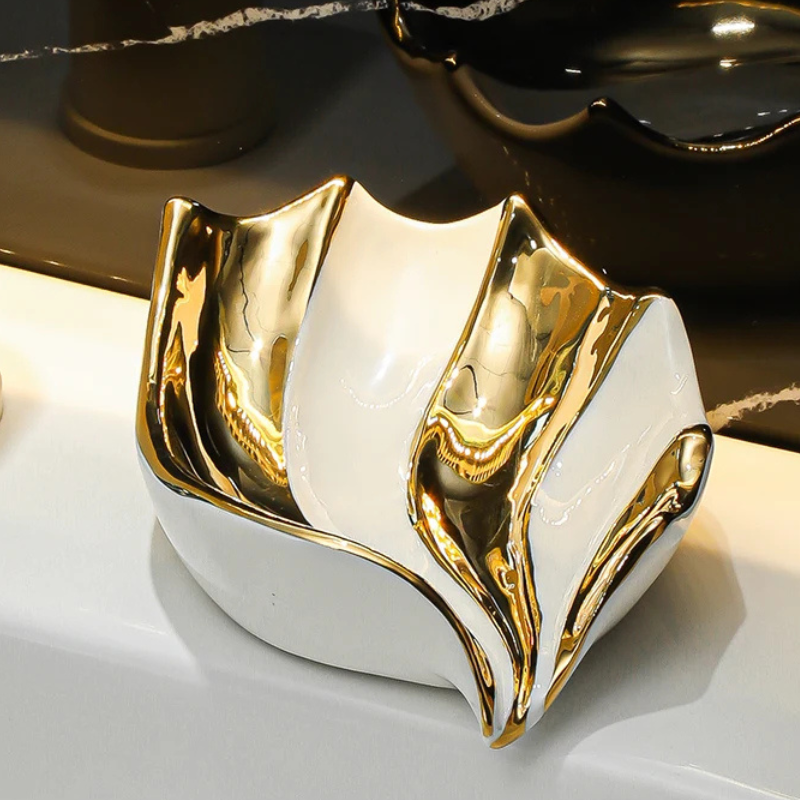 Keramik Seifenschale – Seifenhalter ohne Wasseransammlung für Badezimmer Waschbecken & Handwaschbecken Kaufschwan® Gold/Weiß