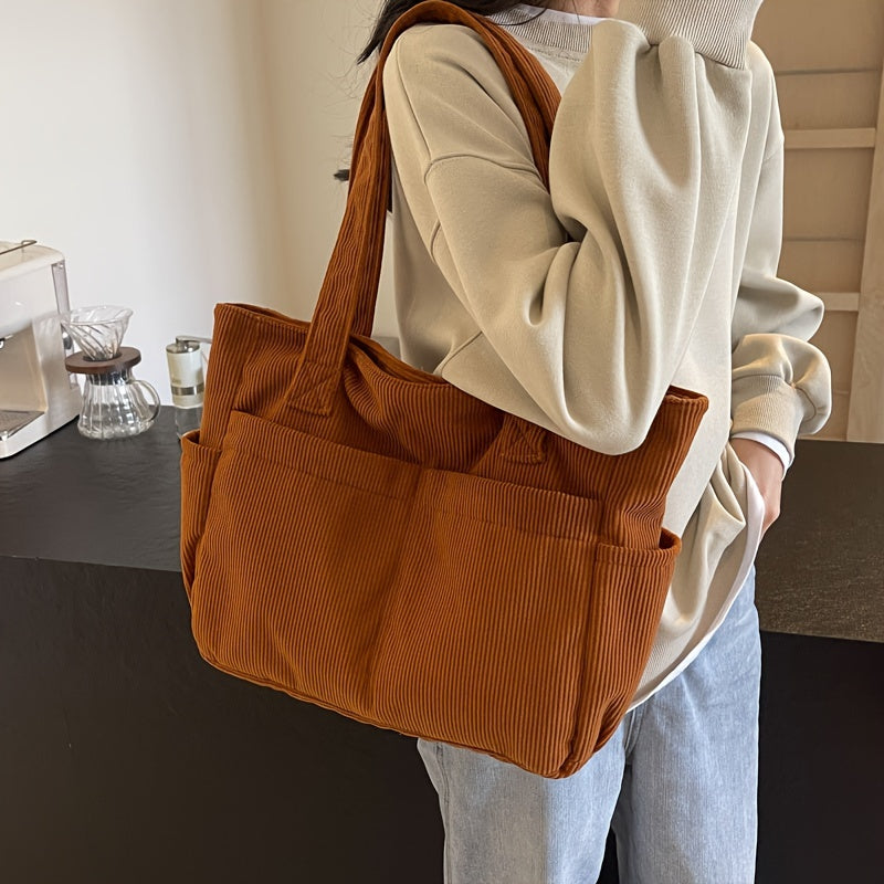 Damen Casual Cord Tote Bag – Gestreifte Schultertasche mit Reißverschluss | Große Kapazität Handtasche für Alltag & Shopping Kaufschwan®