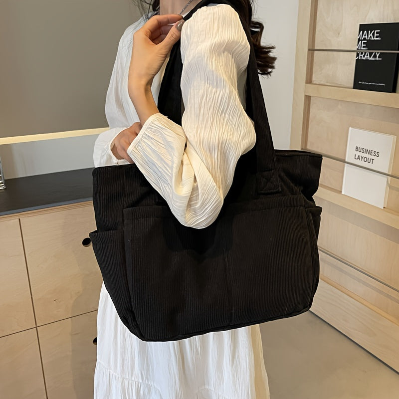 Damen Casual Cord Tote Bag – Gestreifte Schultertasche mit Reißverschluss | Große Kapazität Handtasche für Alltag & Shopping Kaufschwan®