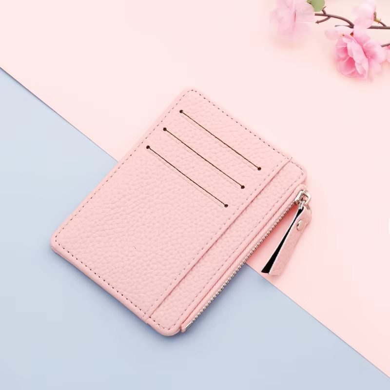 Schmales Kartenetui aus PU-Leder für Damen – Geldbörse mit Reißverschluss für Kredit-, Bank-, Ausweiskarten & Münzen Kaufschwan® Rosa